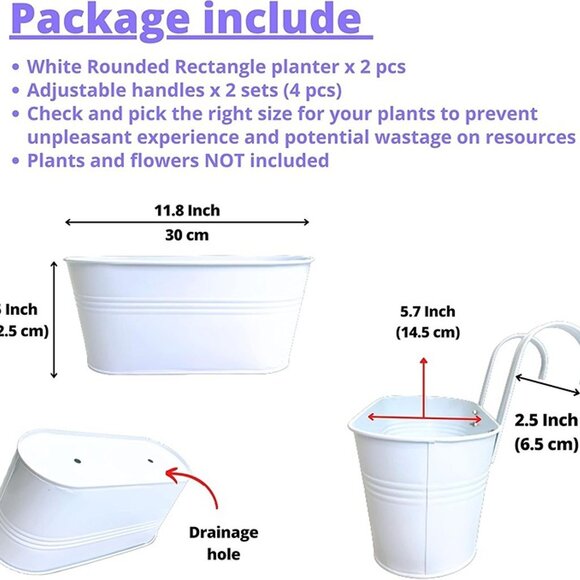 NEW 2 Pack, 11.8 Inch Metal Iron Hanging Flower Pot Deck Railings White - Picture 5 of 9